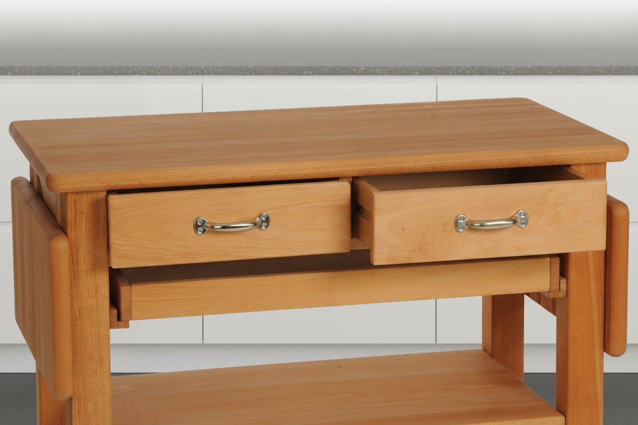 Küchenwagen Mobil 2 aus massiver Buche. Basismodell 90 x 50x 81 cm mit Seitenklappen (breite x Tiefe x Höhe) mit 2 Schubladen, einem Boden und Flaschenablage, Seitenklappen und Tablett zum ausklappen auf 140cm Breite