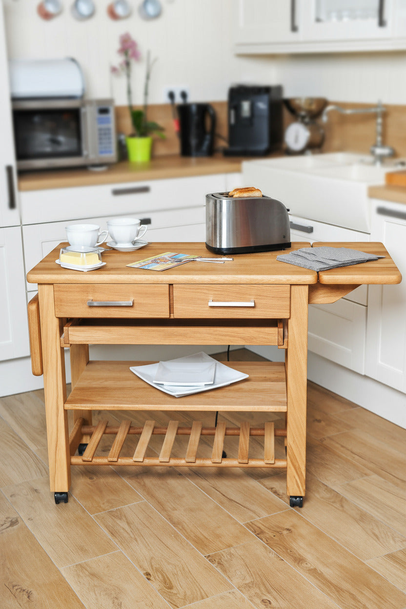 Küchenwagen Mobil 2 aus massiver Eiche. 90 x 50 x 81 cm mit Seitenklappen (Breite x Tiefe x Höhe) mit 2 Schubladen,Tablett, einem Boden und Flaschenablage, Seitenklappen zum ausklappen auf 140cm Breite