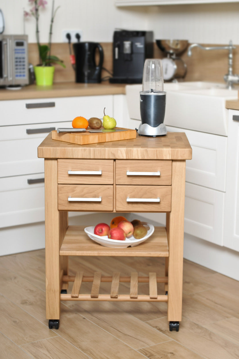 Küchenwagen Mobil 5 aus massiver Eiche. 64 x 50x 83cm (Breite x Tiefe x Höhe) mit 4.8cm Hirnholzplatte, 4 Schubladen, einem Boden und Flaschenablage