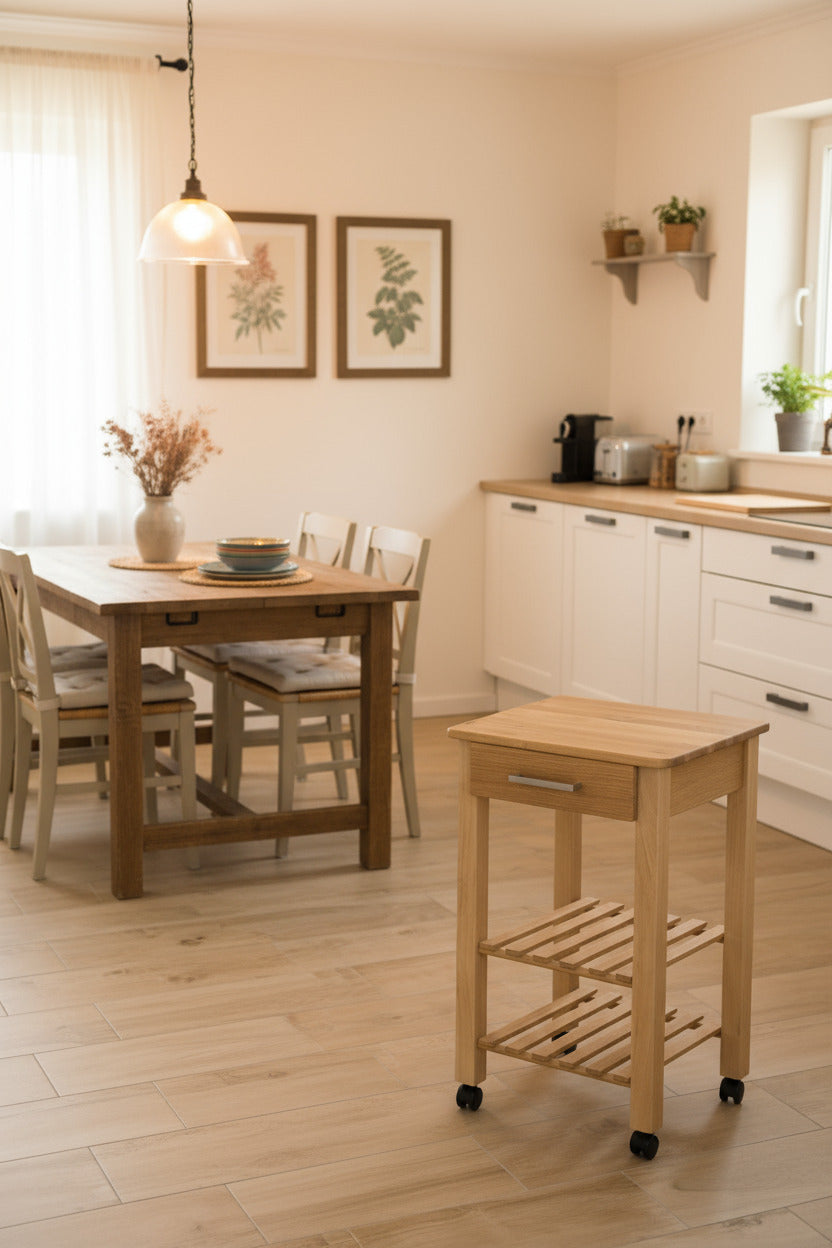 Küchenwagen Mobil 6 aus massiver Eiche. 49 x 47 x 80,5 cm (Breite x Tiefe x Höhe) mit 1 Schublade, 2 Flaschenablagen