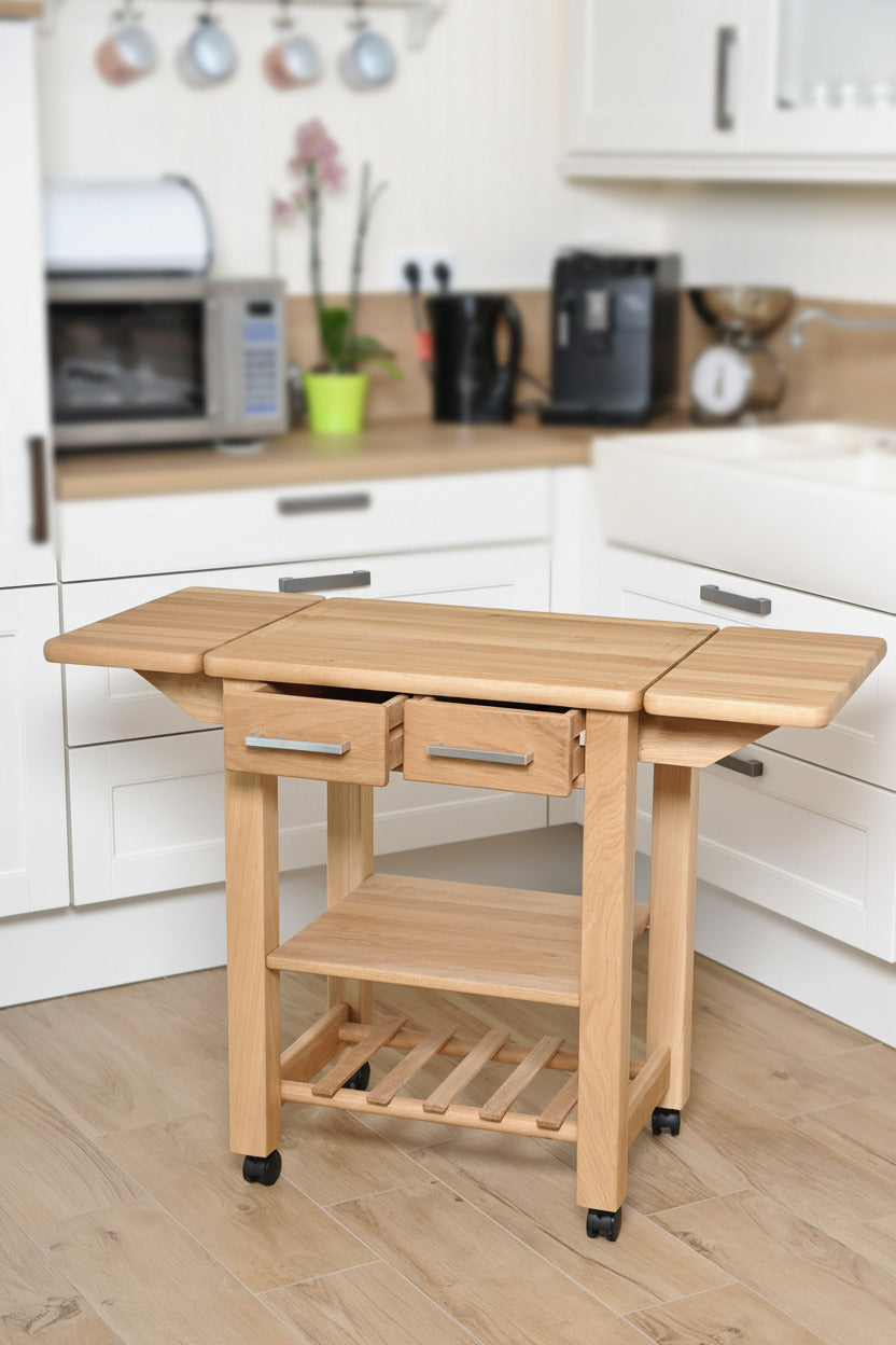 Küchenwagen Mobil 9 aus massiver Eiche. 64 x 50x 81cm (Breite x Tiefe x Höhe), 2 Schubladen, einem Boden und Flaschenablage, Ausklappbar auf 114 cm Breite
