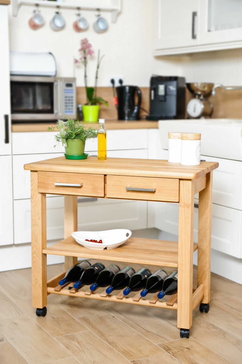 Küchenwagen Mobil 1 aus massiver Eiche. Basismodell 90 x 50x 81 cm (breite x Tiefe x Höhe) mit 2 Schublade, 1 Boden und 1 Flaschenablage
