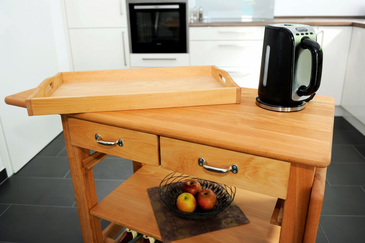 Küchenwagen Mobil 2 aus massiver Buche. Basismodell 90 x 50x 81 cm mit Seitenklappen (breite x Tiefe x Höhe) mit 2 Schubladen, einem Boden und Flaschenablage, Seitenklappen und Tablett zum ausklappen auf 140cm Breite