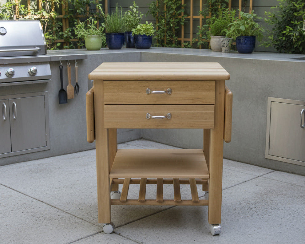 Küchenwagen Mobil 11 aus massiver Buche. 64 x 50x 81 cm mit Seitenklappen (breite x Tiefe x Höhe) mit 4 Schubladen, einem Boden und Flaschenablage, Seitenklappen zum ausklappen auf 114cm Breite