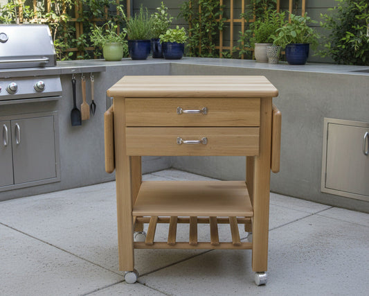 Küchenwagen Mobil 11 aus massiver Buche. 64 x 50x 81 cm mit Seitenklappen (breite x Tiefe x Höhe) mit 4 Schubladen, einem Boden und Flaschenablage, Seitenklappen zum ausklappen auf 114cm Breite