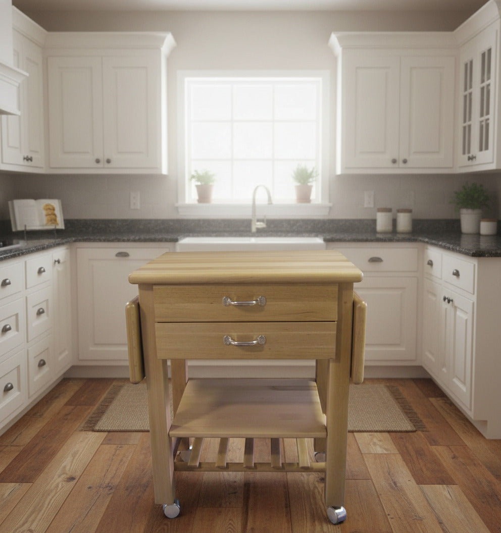 Küchenwagen Mobil 11 aus massiver Buche. 64 x 50x 81 cm mit Seitenklappen (breite x Tiefe x Höhe) mit 4 Schubladen, einem Boden und Flaschenablage, Seitenklappen zum ausklappen auf 114cm Breite