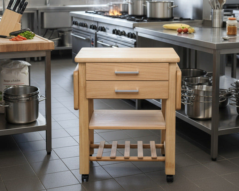 Küchenwagen Mobil 11 aus massiver Eiche. 64 x 50x 81cm (Breite x Tiefe x Höhe), 2 Schubladen übereinander, einem Boden und Flaschenablage, Ausklappbar auf 114 cm Breite 