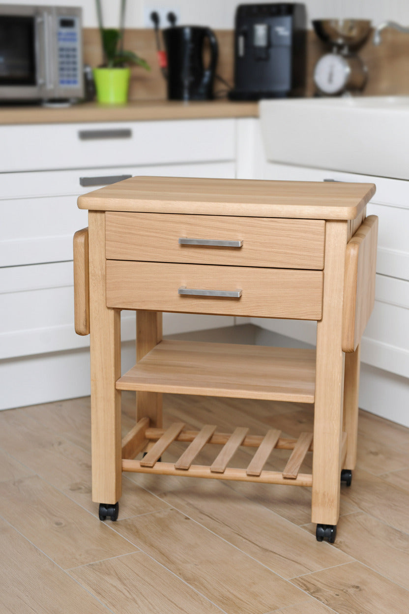 Küchenwagen Mobil 11 aus massiver Eiche. 64 x 50x 81cm (Breite x Tiefe x Höhe), 2 Schubladen übereinander, einem Boden und Flaschenablage, Ausklappbar auf 114 cm Breite 