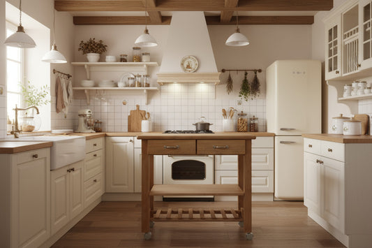 Küchenwagen Mobil 1 aus massiver Buche. Basismodell 90 x 50x 81 cm (breite x Tiefe x Höhe) mit 2 Schubladen, einem Boden und Flaschenablage