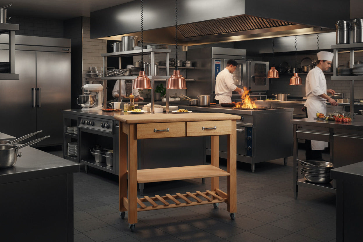 Küchenwagen Mobil 1 aus massiver Buche. Basismodell 90 x 50x 81 cm (breite x Tiefe x Höhe) mit 2 Schubladen, einem Boden und Flaschenablage