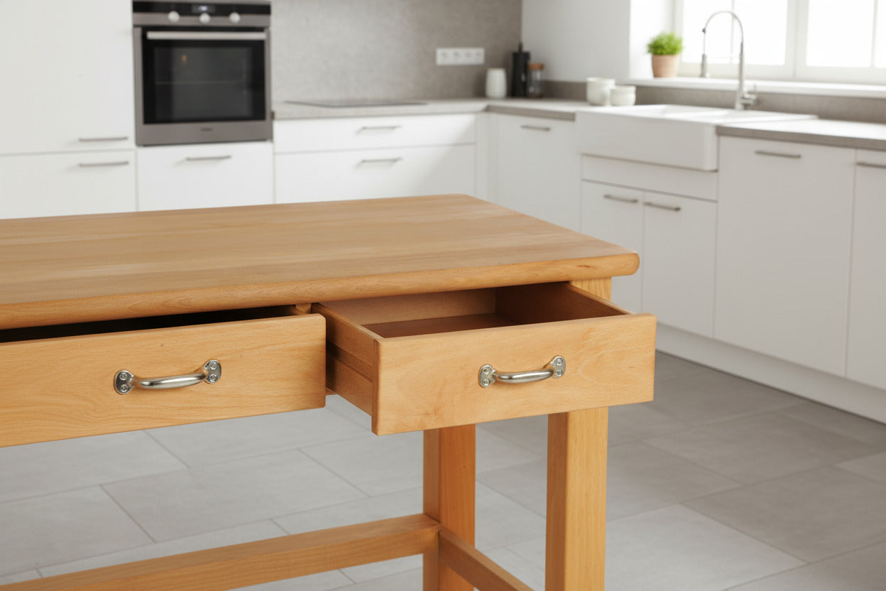 Küchenwagen Mobil 1 aus massiver Buche. Basismodell 90 x 50x 81 cm (breite x Tiefe x Höhe) mit 2 Schubladen, einem Boden und Flaschenablage