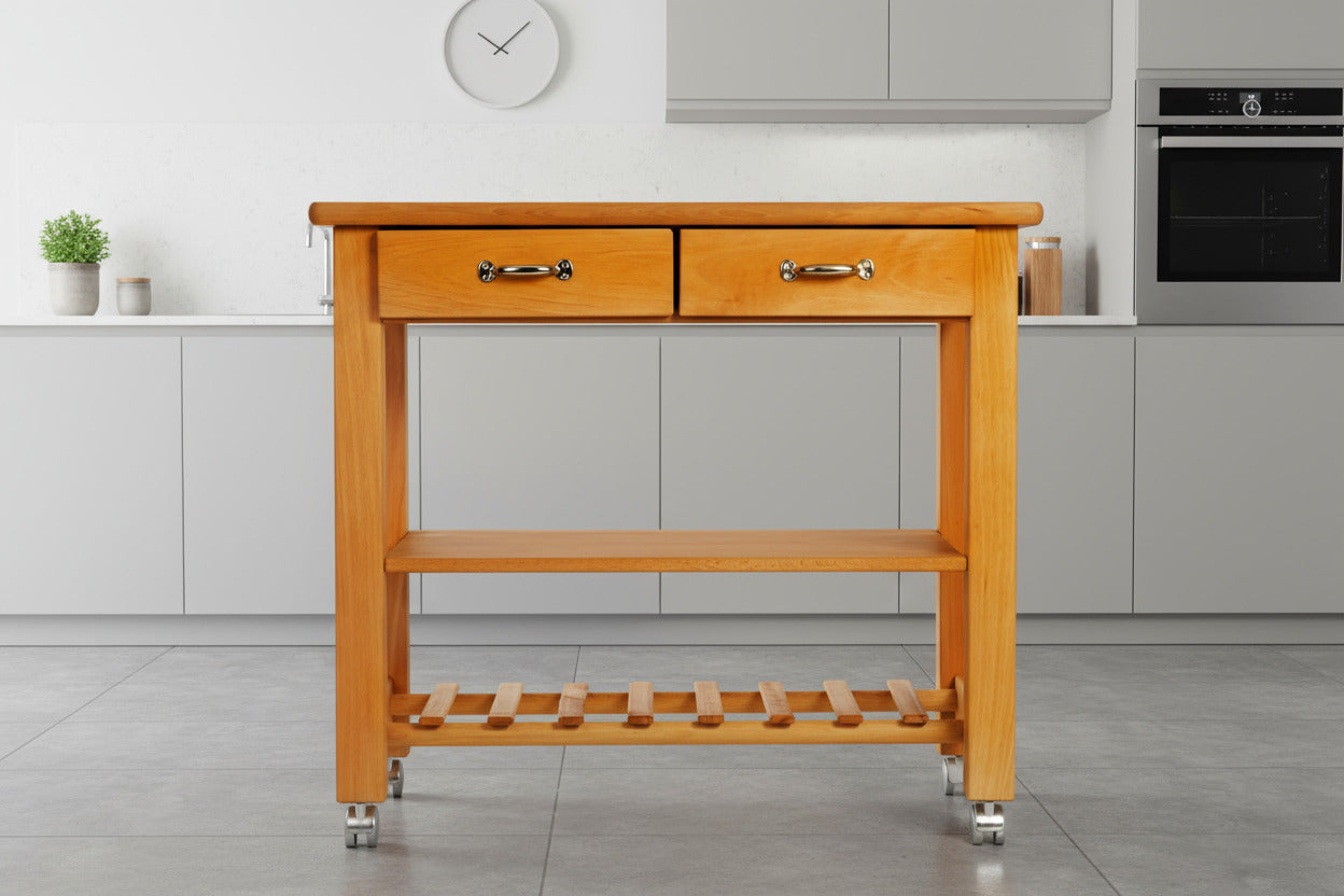 Küchenwagen Mobil 1 aus massiver Buche. Basismodell 90 x 50x 81 cm (breite x Tiefe x Höhe) mit 2 Schubladen, einem Boden und Flaschenablage