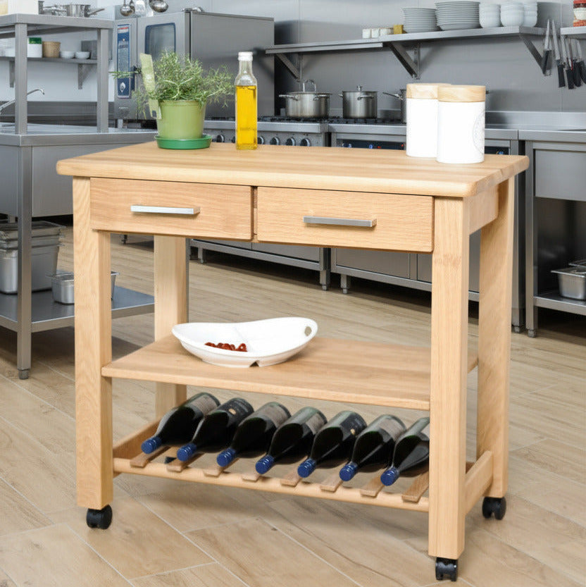 Küchenwagen Mobil 1 aus massiver Eiche. Basismodell 90 x 50x 81 cm (breite x Tiefe x Höhe) mit 2 Schublade, 1 Boden und 1 Flaschenablage