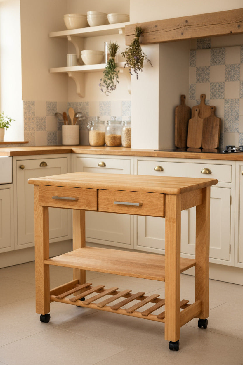 Küchenwagen Mobil 1 aus massiver Eiche. Basismodell 90 x 50x 81 cm (breite x Tiefe x Höhe) mit 2 Schublade, 1 Boden und 1 Flaschenablage