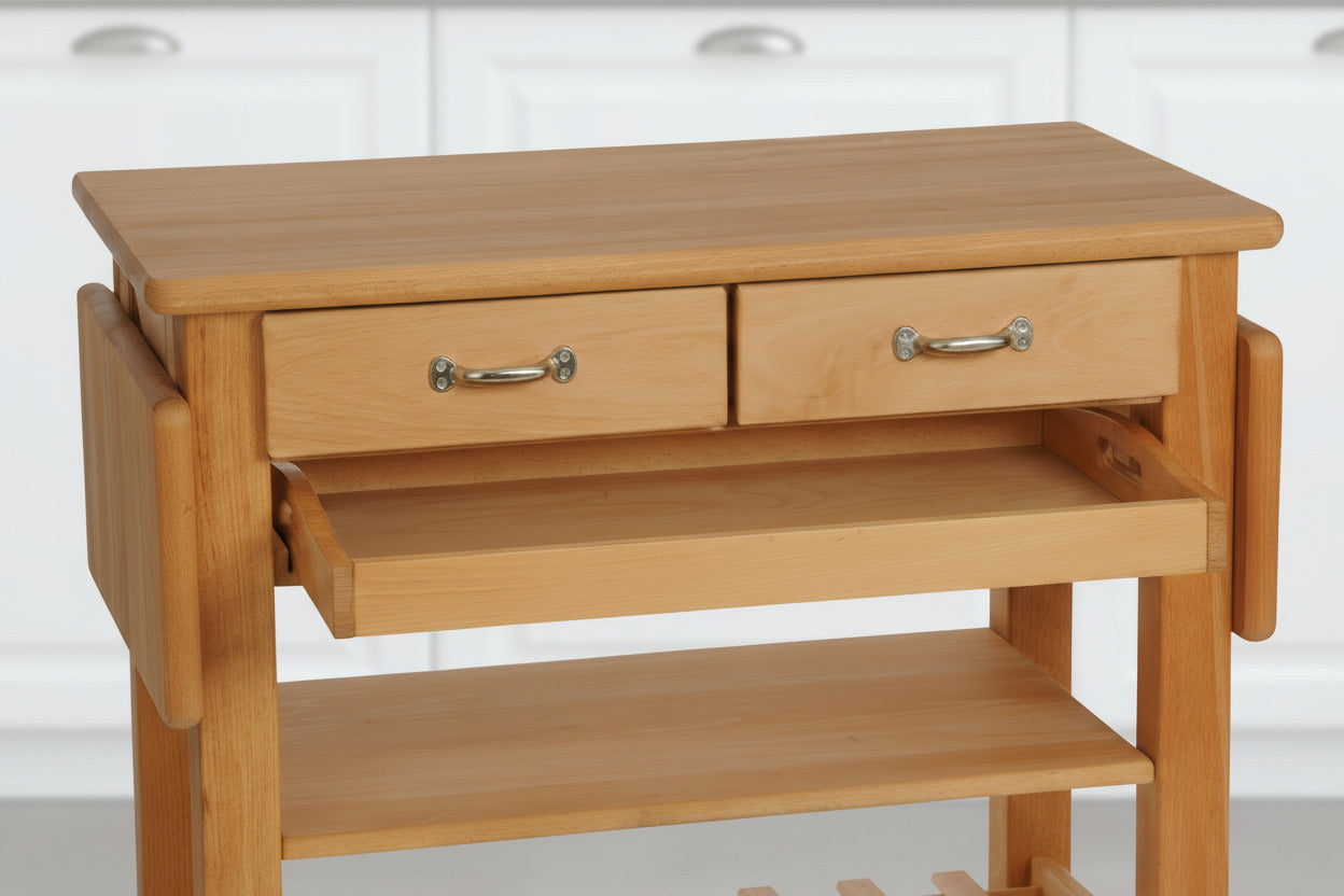 Küchenwagen Mobil 2 aus massiver Buche. Basismodell 90 x 50x 81 cm mit Seitenklappen (breite x Tiefe x Höhe) mit 2 Schubladen, einem Boden und Flaschenablage, Seitenklappen und Tablett zum ausklappen auf 140cm Breite