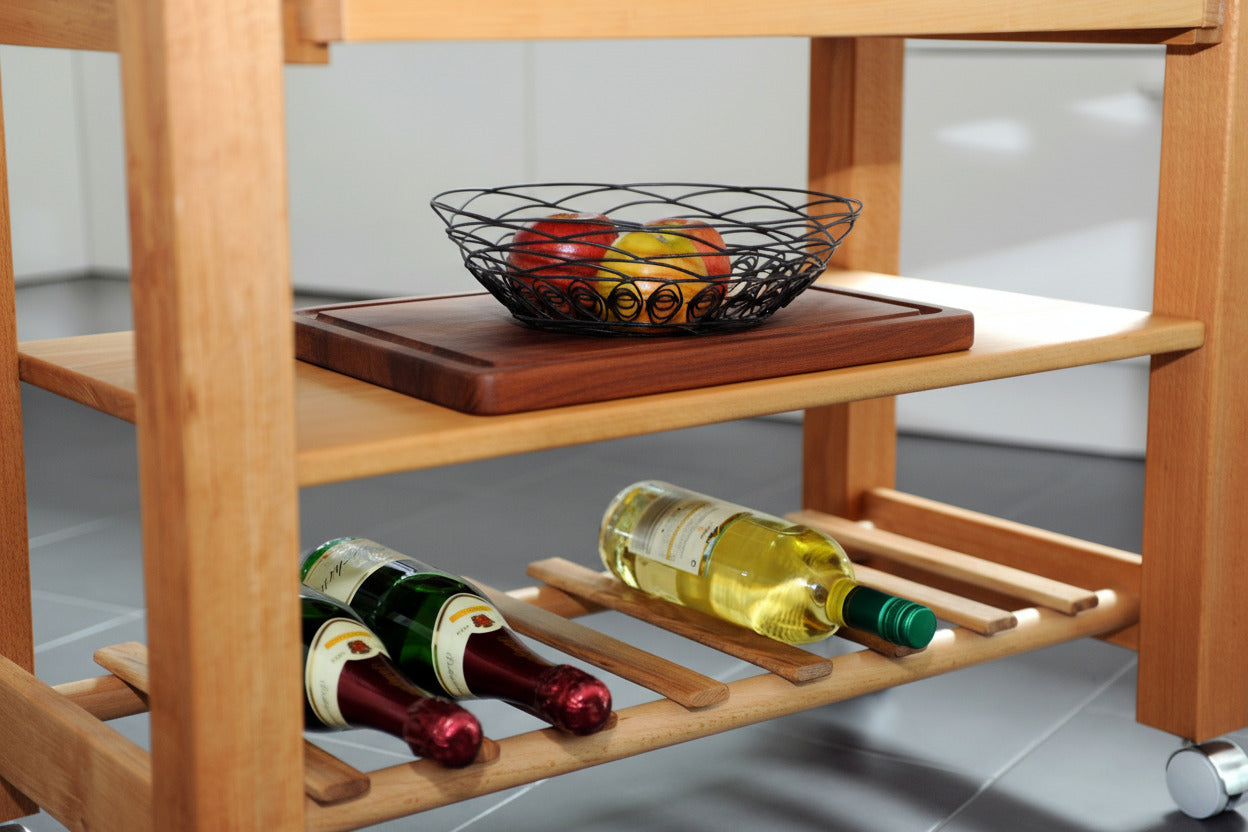 Küchenwagen Mobil 2 aus massiver Buche. Basismodell 90 x 50x 81 cm mit Seitenklappen (breite x Tiefe x Höhe) mit 2 Schubladen, einem Boden und Flaschenablage, Seitenklappen und Tablett zum ausklappen auf 140cm Breite