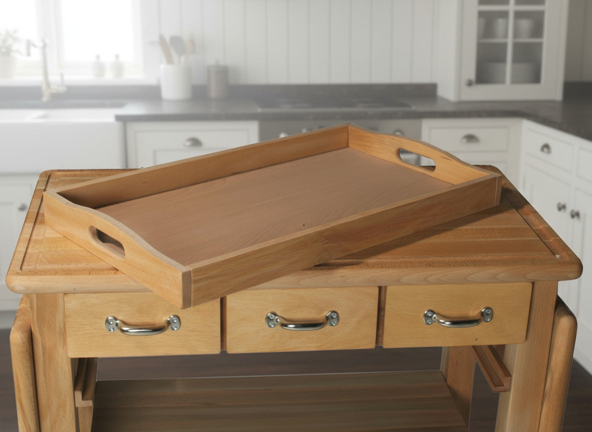 Küchenwagen Mobil 3 aus massiver Buche. Basismodell 90 x 50x 81 cm mit Seitenklappen (breite x Tiefe x Höhe) mit 3 Schubladen, einem Boden, Flaschenablage, Seitenklappen und Tablett zum ausklappen auf 140cm Breite