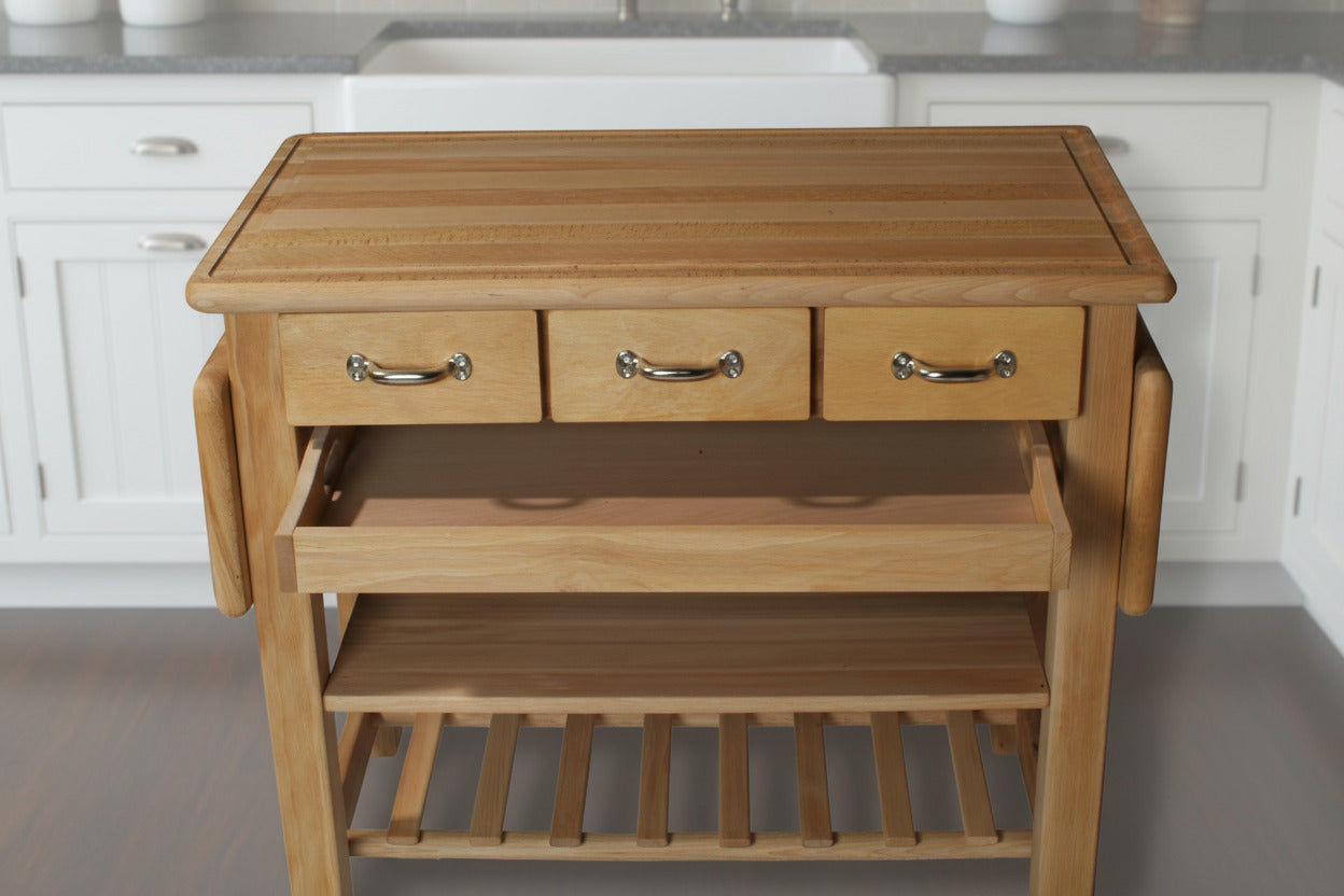 Küchenwagen Mobil 3 aus massiver Buche. Basismodell 90 x 50x 81 cm mit Seitenklappen (breite x Tiefe x Höhe) mit 3 Schubladen, einem Boden, Flaschenablage, Seitenklappen und Tablett zum ausklappen auf 140cm Breite