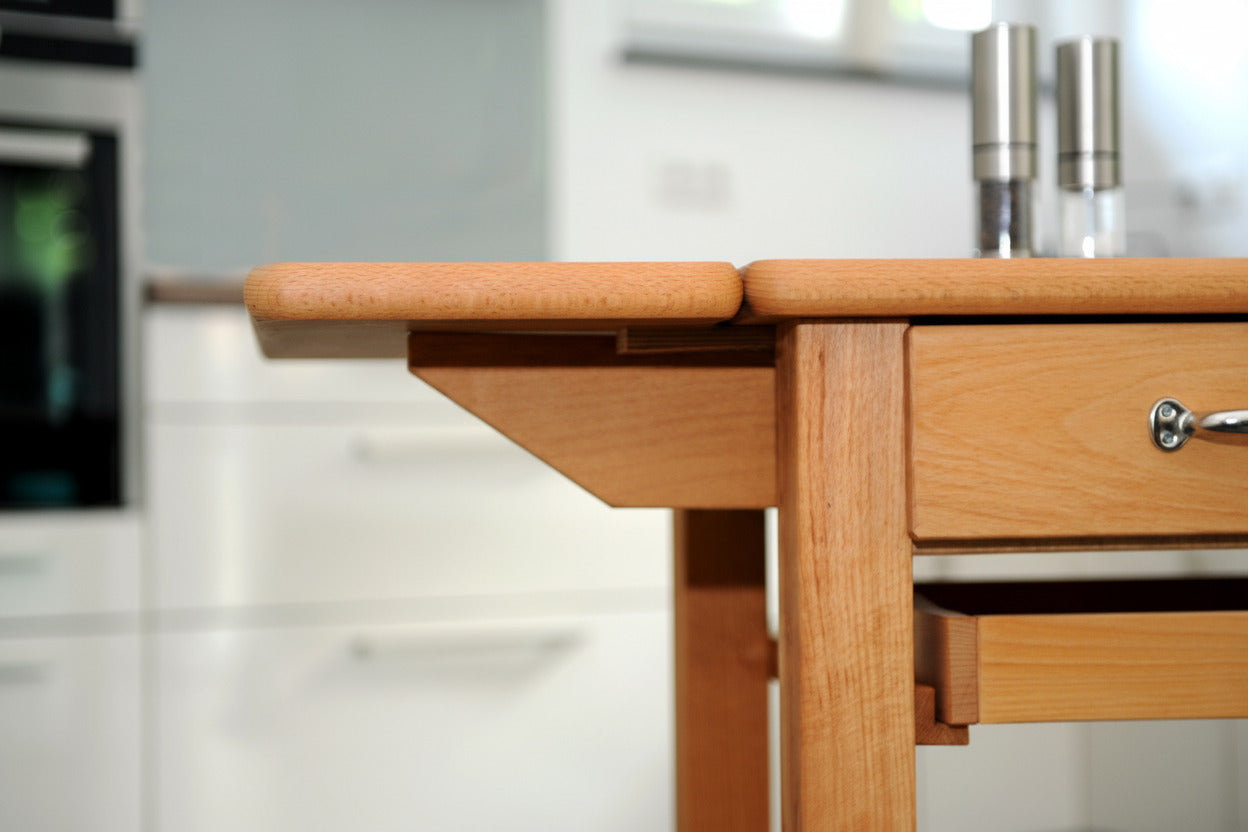 Küchenwagen Mobil 3 aus massiver Buche. Basismodell 90 x 50x 81 cm mit Seitenklappen (breite x Tiefe x Höhe) mit 3 Schubladen, einem Boden, Flaschenablage, Seitenklappen und Tablett zum ausklappen auf 140cm Breite