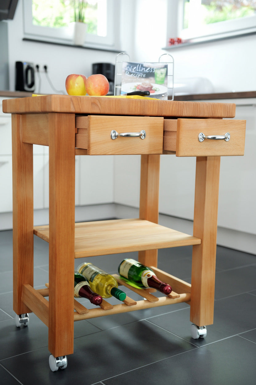 Küchenwagen Mobil 4 aus massiver Buche. 64 x 50x 83cm (Breite x Tiefe x Höhe) mit 4.8cm Hirnholzplatte, 2 Schubladen, einem Boden und Flaschenablage