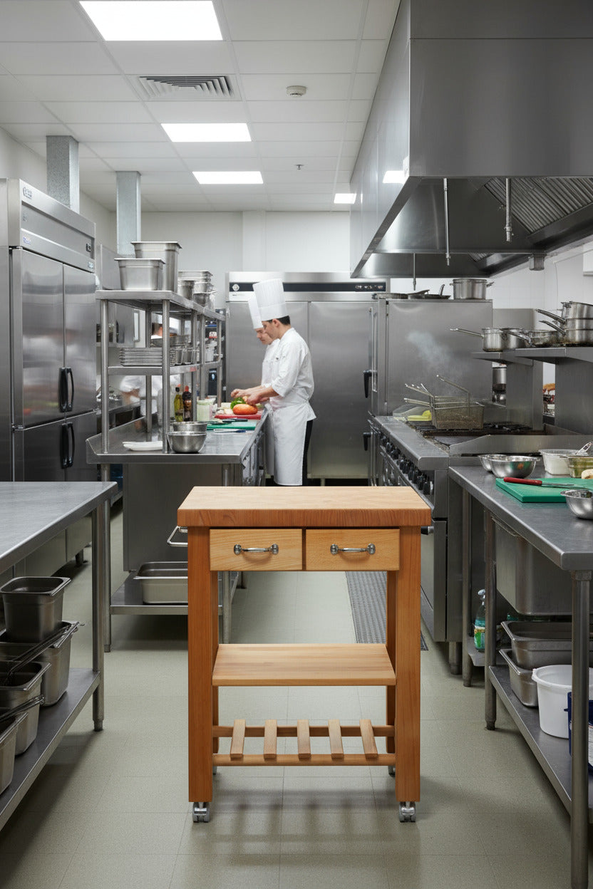 Küchenwagen Mobil 4 aus massiver Buche. 64 x 50x 83cm (Breite x Tiefe x Höhe) mit 4.8cm Hirnholzplatte, 2 Schubladen, einem Boden und Flaschenablage