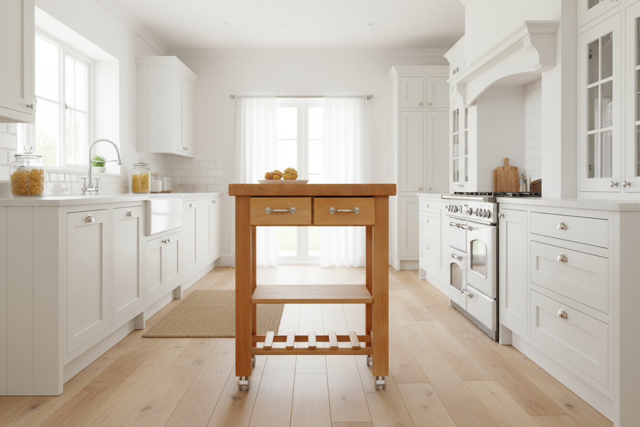 Küchenwagen Mobil 4 aus massiver Buche. 64 x 50x 83cm (Breite x Tiefe x Höhe) mit 4.8cm Hirnholzplatte, 2 Schubladen, einem Boden und Flaschenablage