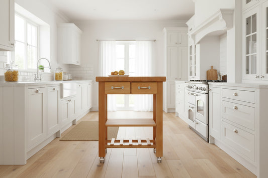 Küchenwagen Mobil 4 aus massiver Buche. 64 x 50x 83cm (Breite x Tiefe x Höhe) mit 4.8cm Hirnholzplatte, 2 Schubladen, einem Boden und Flaschenablage