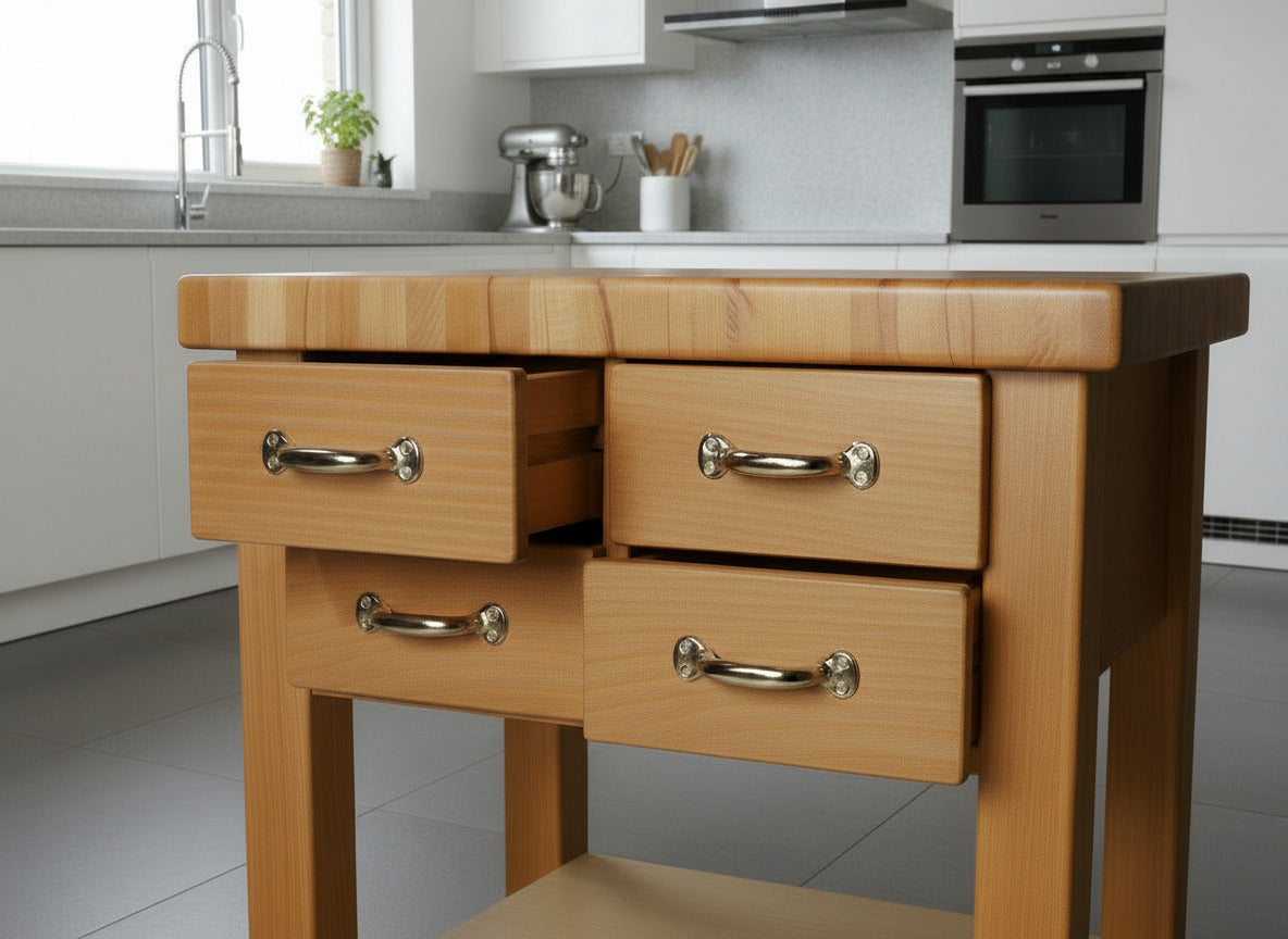 Küchenwagen Mobil 5 aus massiver Buche. 64 x 50x 83cm (Breite x Tiefe x Höhe) mit 4.8cm Hirnholzplatte, 4 Schubladen, einem Boden und Flaschenablage