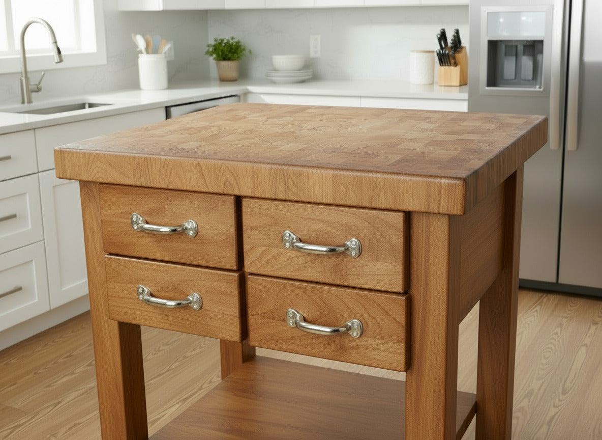 Küchenwagen Mobil 5 aus massiver Buche. 64 x 50x 83cm (Breite x Tiefe x Höhe) mit 4.8cm Hirnholzplatte, 4 Schubladen, einem Boden und Flaschenablage