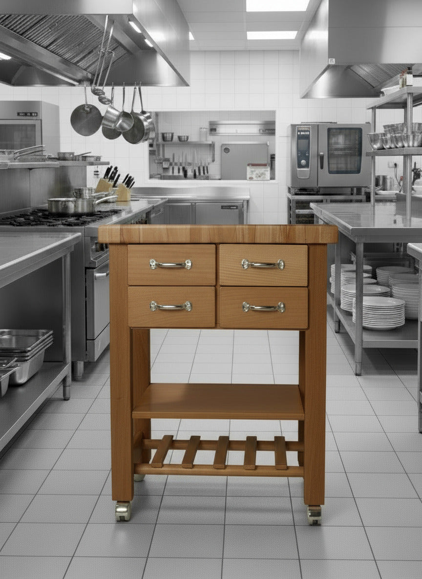 Küchenwagen Mobil 5 aus massiver Buche. 64 x 50x 83cm (Breite x Tiefe x Höhe) mit 4.8cm Hirnholzplatte, 4 Schubladen, einem Boden und Flaschenablage