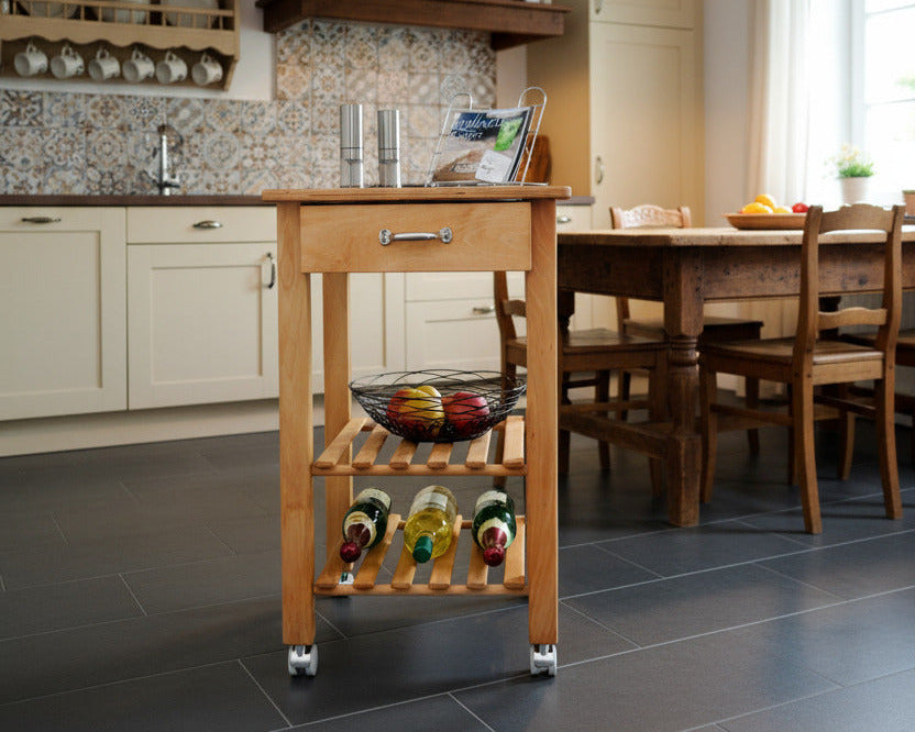 Küchenwagen Mobil 6 aus massiver Buche. Basismodell 49 x 47x 80,5 cm (breite x Tiefe x Höhe) mit 1 Schublade und 2 Flaschenablagen