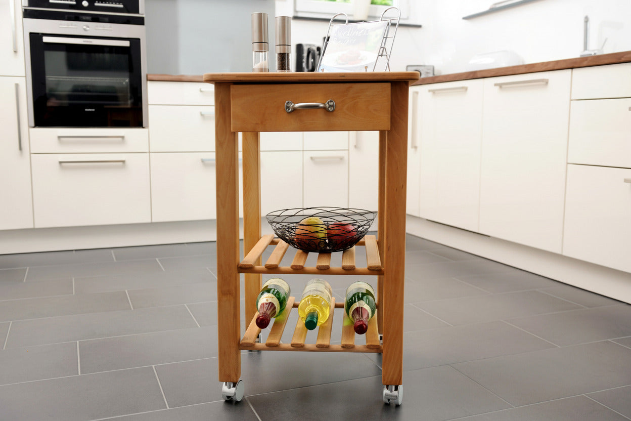 Küchenwagen Mobil 6 aus massiver Buche. Basismodell 49 x 47x  80,5 cm (breite x Tiefe x Höhe) mit 1 Schublade und 2 Flaschenablagen