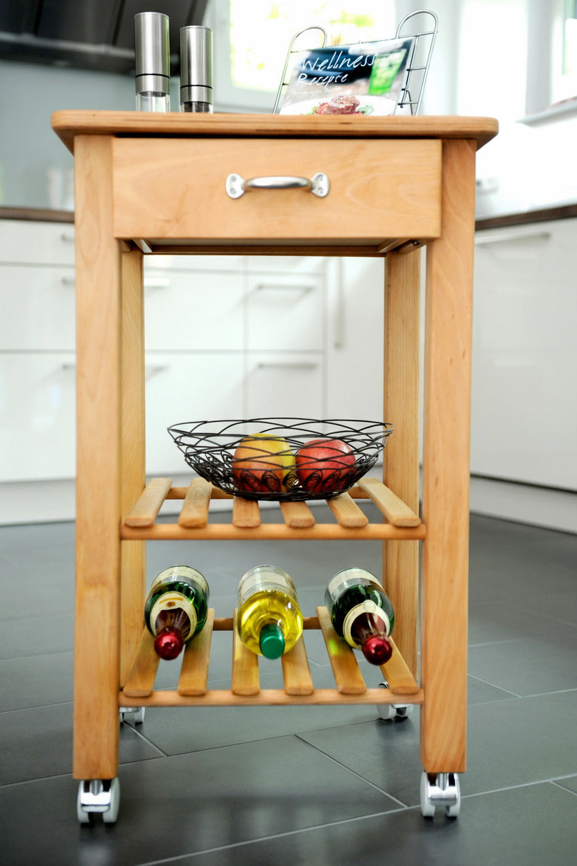 Küchenwagen Mobil 6 aus massiver Buche. Basismodell 49 x 47x  80,5 cm (breite x Tiefe x Höhe) mit 1 Schublade und 2 Flaschenablagen