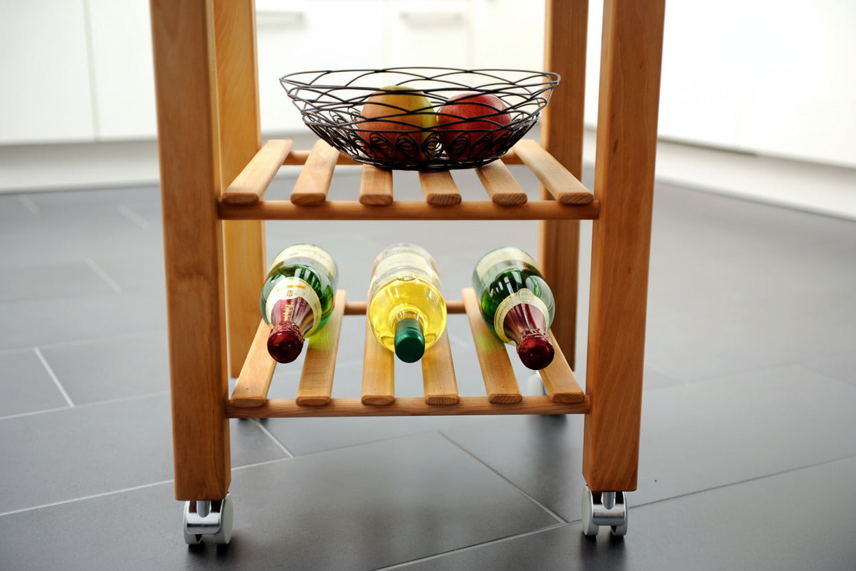 Küchenwagen Mobil 6 aus massiver Buche. Basismodell 49 x 47x  80,5cm (breite x Tiefe x Höhe) mit 1 Schublade und 2 Flaschenablagen