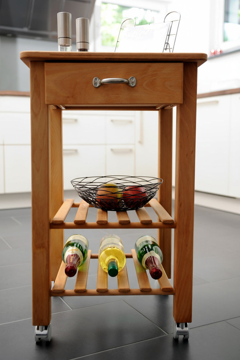Küchenwagen Mobil 6 aus massiver Buche. Basismodell 49 x 47x  80,5 cm (breite x Tiefe x Höhe) mit 1 Schublade und 2 Flaschenablagen