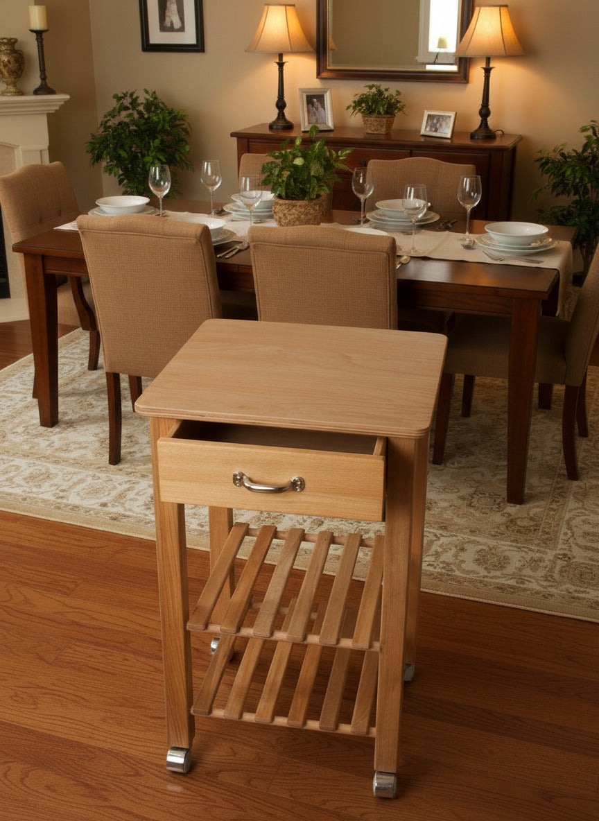 Küchenwagen Mobil 6 aus massiver Buche. Basismodell 49 x 47x  80,5 cm (breite x Tiefe x Höhe) mit 1 Schublade und 2 Flaschenablagen