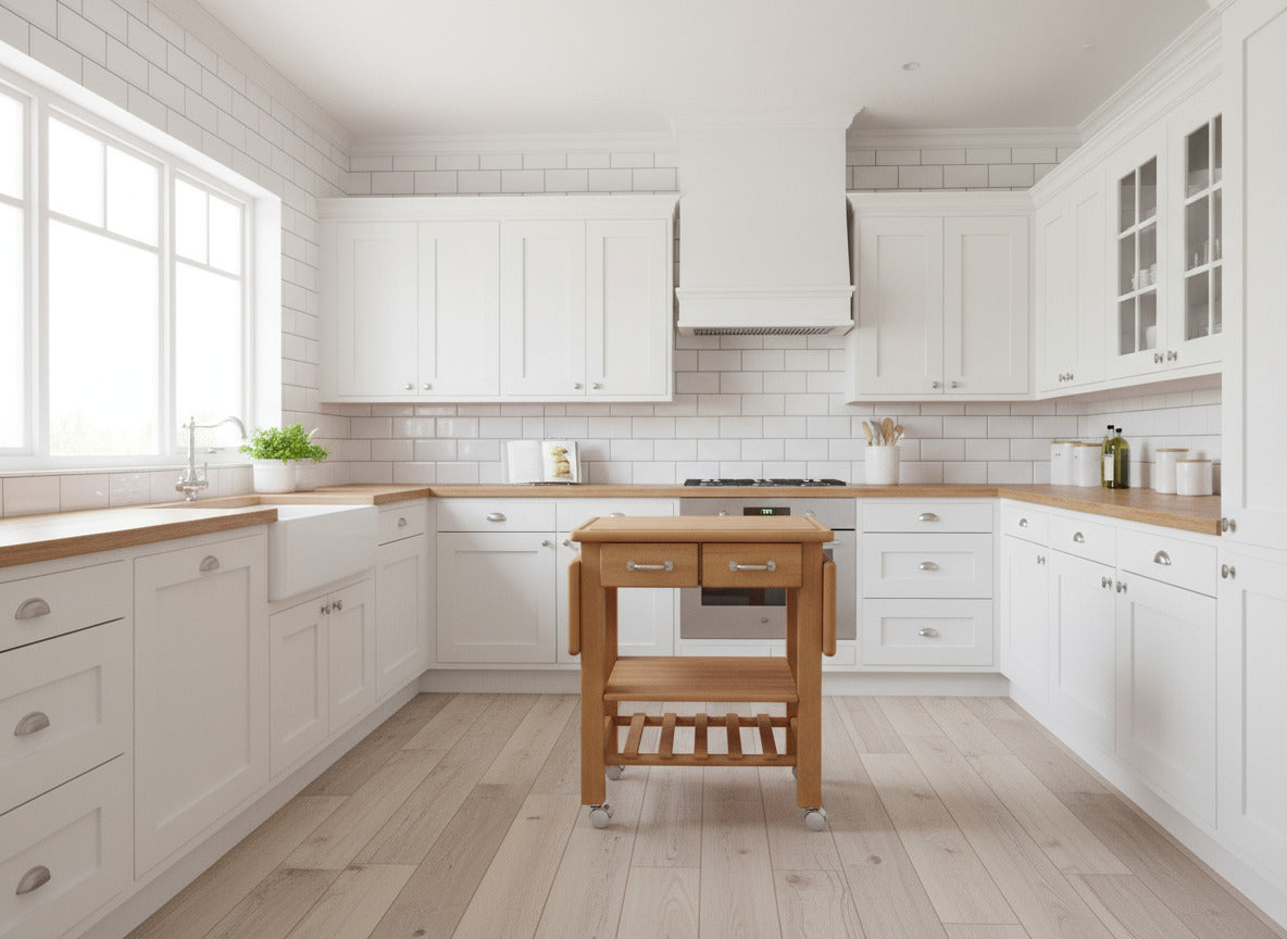 Küchenwagen Mobil 9 aus massiver Buche. 64 x 50x 81 cm mit Seitenklappen (breite x Tiefe x Höhe) mit 2 Schubladen, einem Boden und Flaschenablage, Seitenklappen zum ausklappen auf 114cm Breite