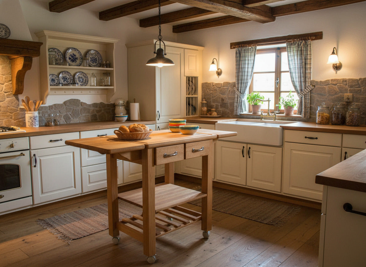 Küchenwagen Mobil 9 aus massiver Buche. 64 x 50x 81 cm mit Seitenklappen (breite x Tiefe x Höhe) mit 2 Schubladen, einem Boden und Flaschenablage, Seitenklappen zum ausklappen auf 114cm Breite