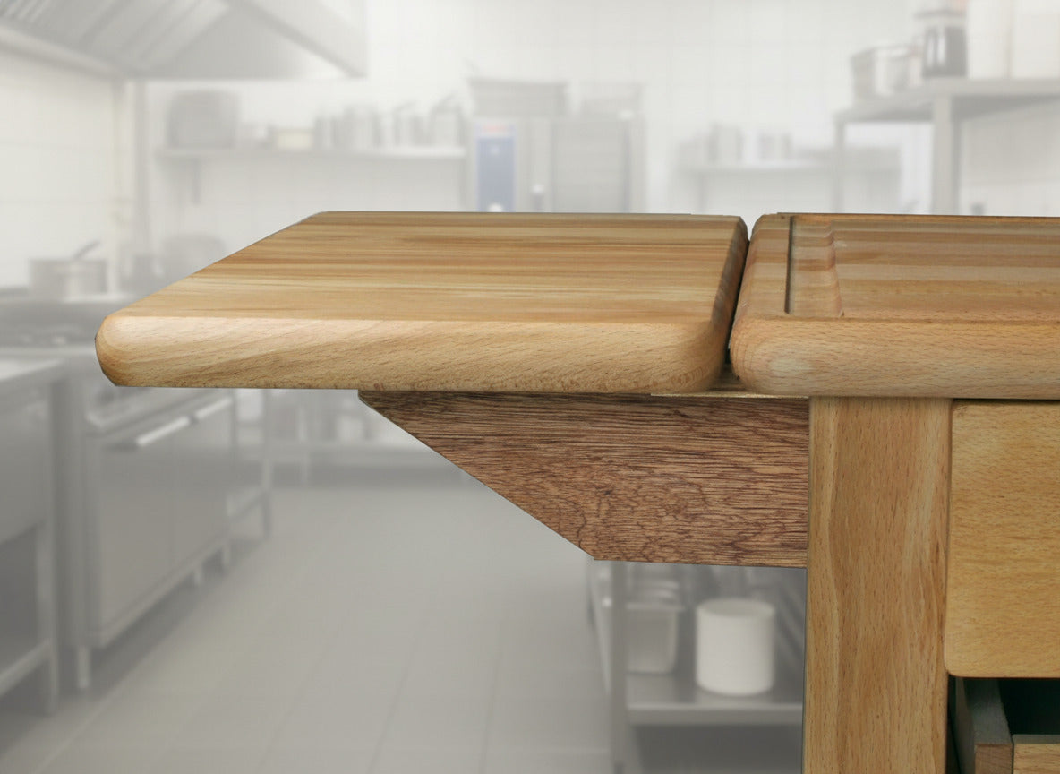 Küchenwagen Mobil 9 aus massiver Buche. 64 x 50x 81 cm mit Seitenklappen (breite x Tiefe x Höhe) mit 2 Schubladen, einem Boden und Flaschenablage, Seitenklappen zum ausklappen auf 114cm Breite