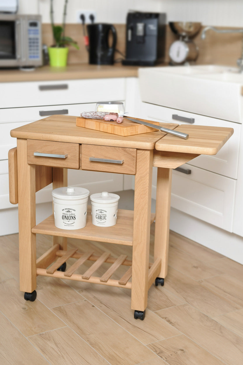 Küchenwagen Mobil 9 aus massiver Eiche. 64 x 50x 81cm (Breite x Tiefe x Höhe), 2 Schubladen, einem Boden und Flaschenablage, Ausklappbar auf 114 cm Breite 