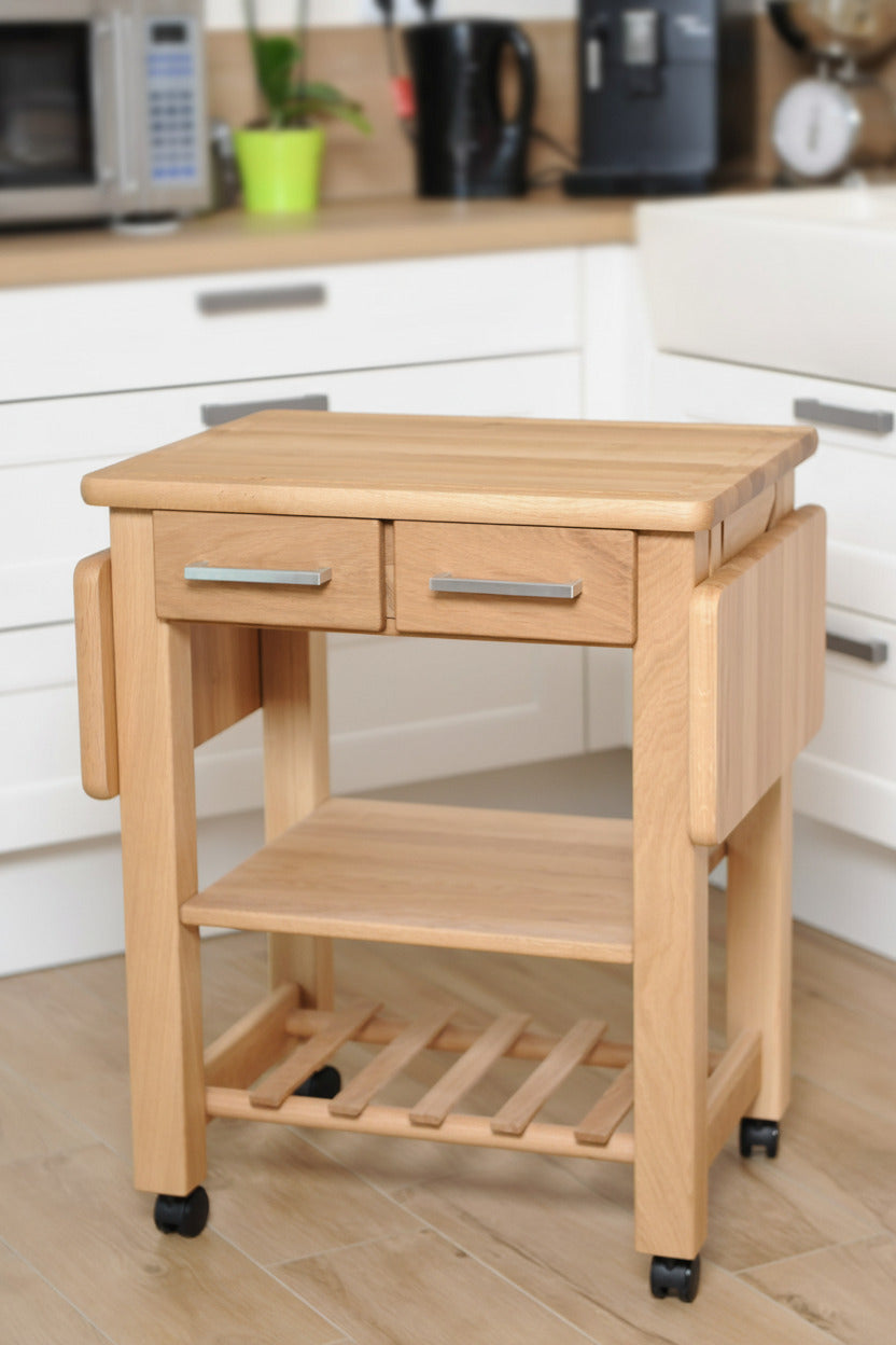 Küchenwagen Mobil 9 aus massiver Eiche. 64 x 50x 81cm (Breite x Tiefe x Höhe), 2 Schubladen, einem Boden und Flaschenablage, Ausklappbar auf 114 cm Breite 