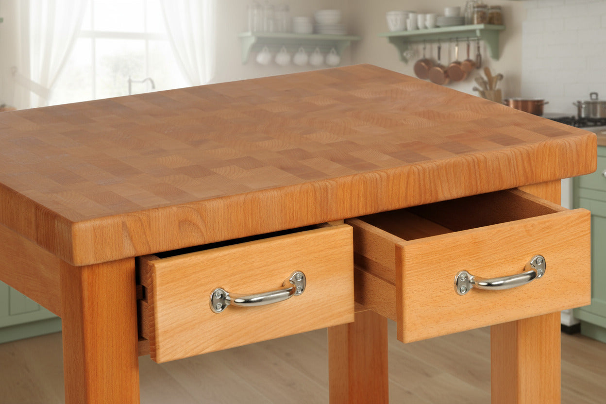 Küchenwagen Mobil 4 aus massiver Buche. 64 x 50x 83cm (Breite x Tiefe x Höhe) mit 4.8cm Hirnholzplatte, 2 Schubladen, einem Boden und Flaschenablage