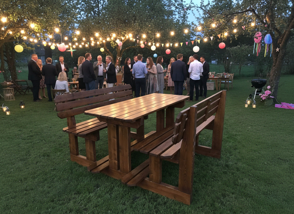 Sitzgarnitur für 6 Personen aus massiver Fichte, lasiert nach Wunsch 1800 mm breit, Tischplatte 1800 x 710 mm