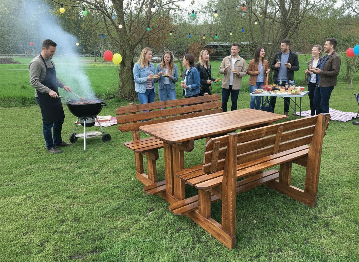 Sitzgarnitur für 6 Personen aus massiver Fichte, lasiert nach Wunsch 1800 mm breit, Tischplatte 1800 x 710 mm