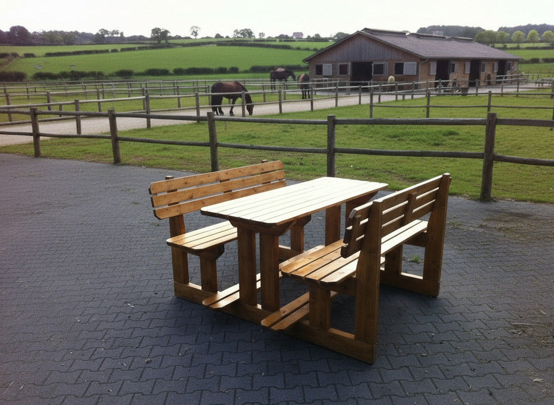 Sitzgarnitur für 6 Personen aus massiver Fichte, lasiert nach Wunsch 1800 mm breit, Tischplatte 1800 x 710 mm